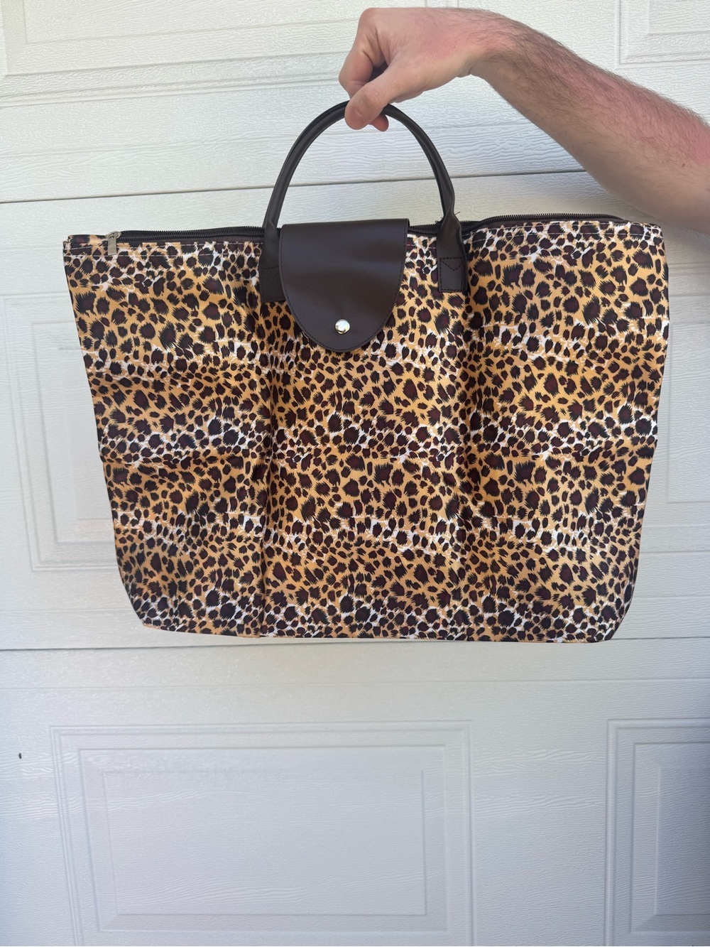 Leopard Print Tote with Brown Trim and Handles